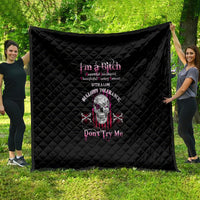 Black quilt, diamond quilting, skull graphic with 'Don't Try Me' text