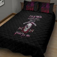 Quilt bed set in black with quilted pattern, purple/red stripe pillows, skull graphic
