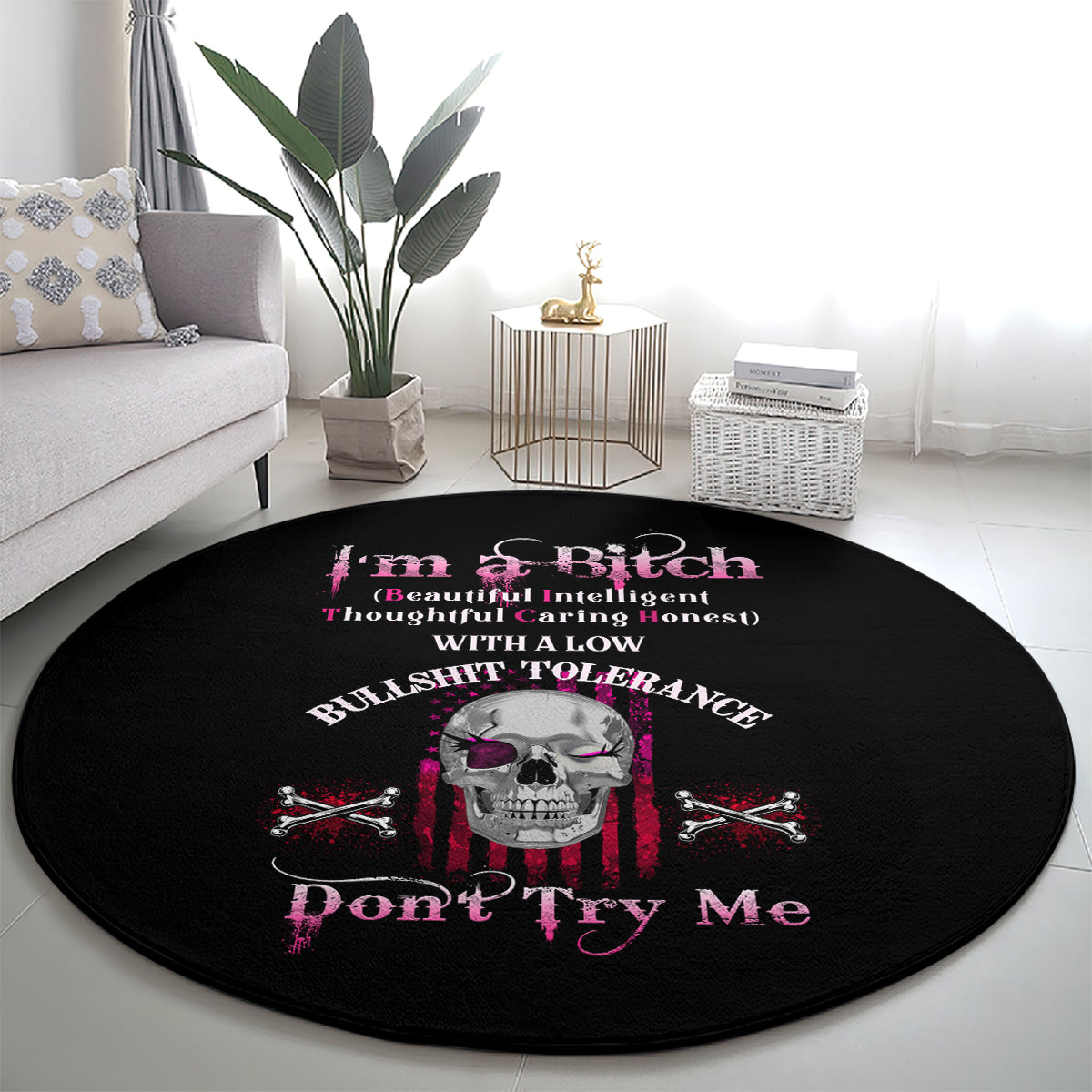 Round black graphic rug with skull, crossed guns, and pink "Don't Try Me" text