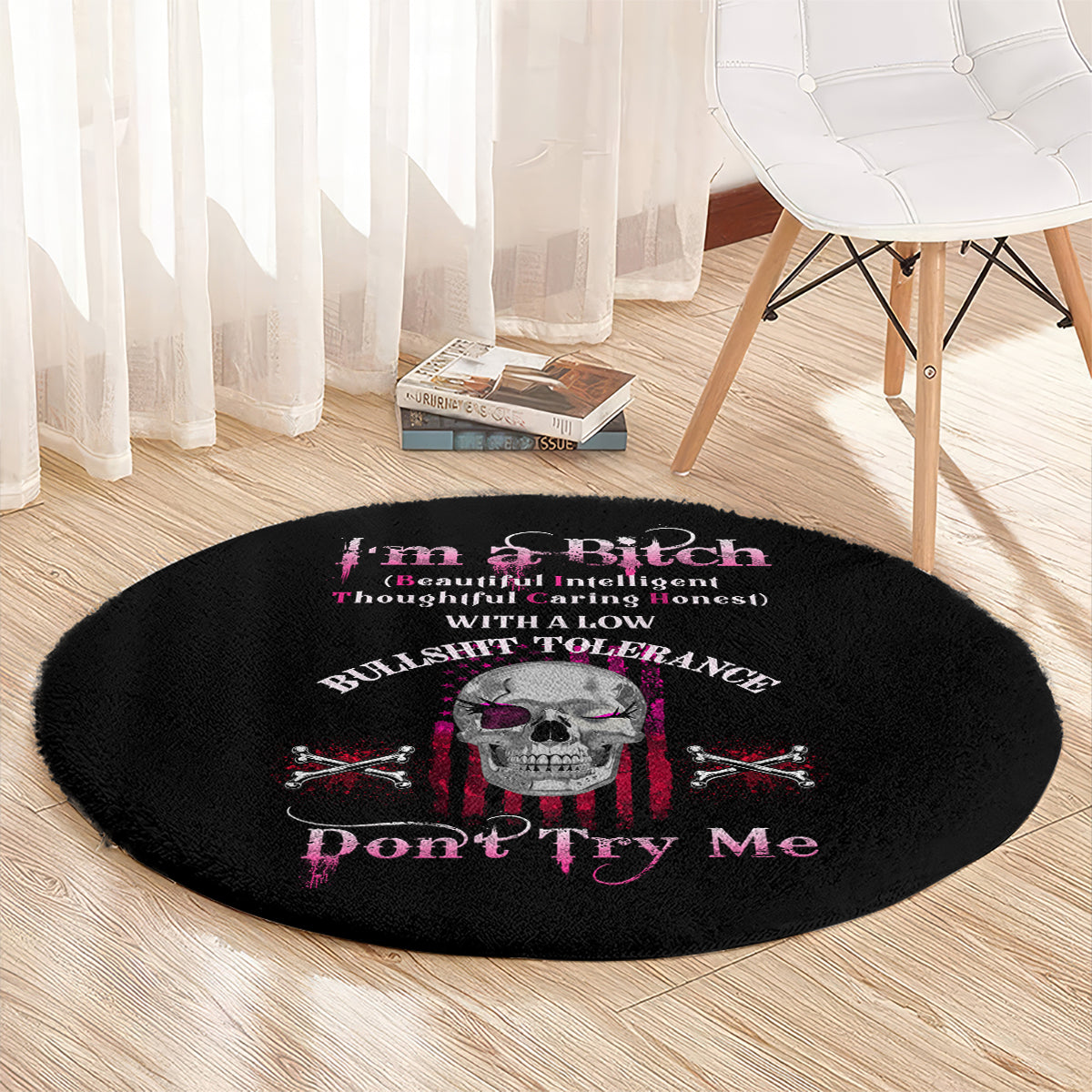Round black carpet rug with skull graphic and pink "Don't Try Me" lettering