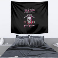 Black tapestry wall hanging with colorful skull and text graphic