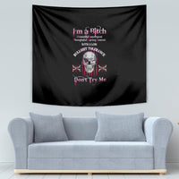 Black tapestry wall hanging with skull artwork and 'Don't Try Me' text