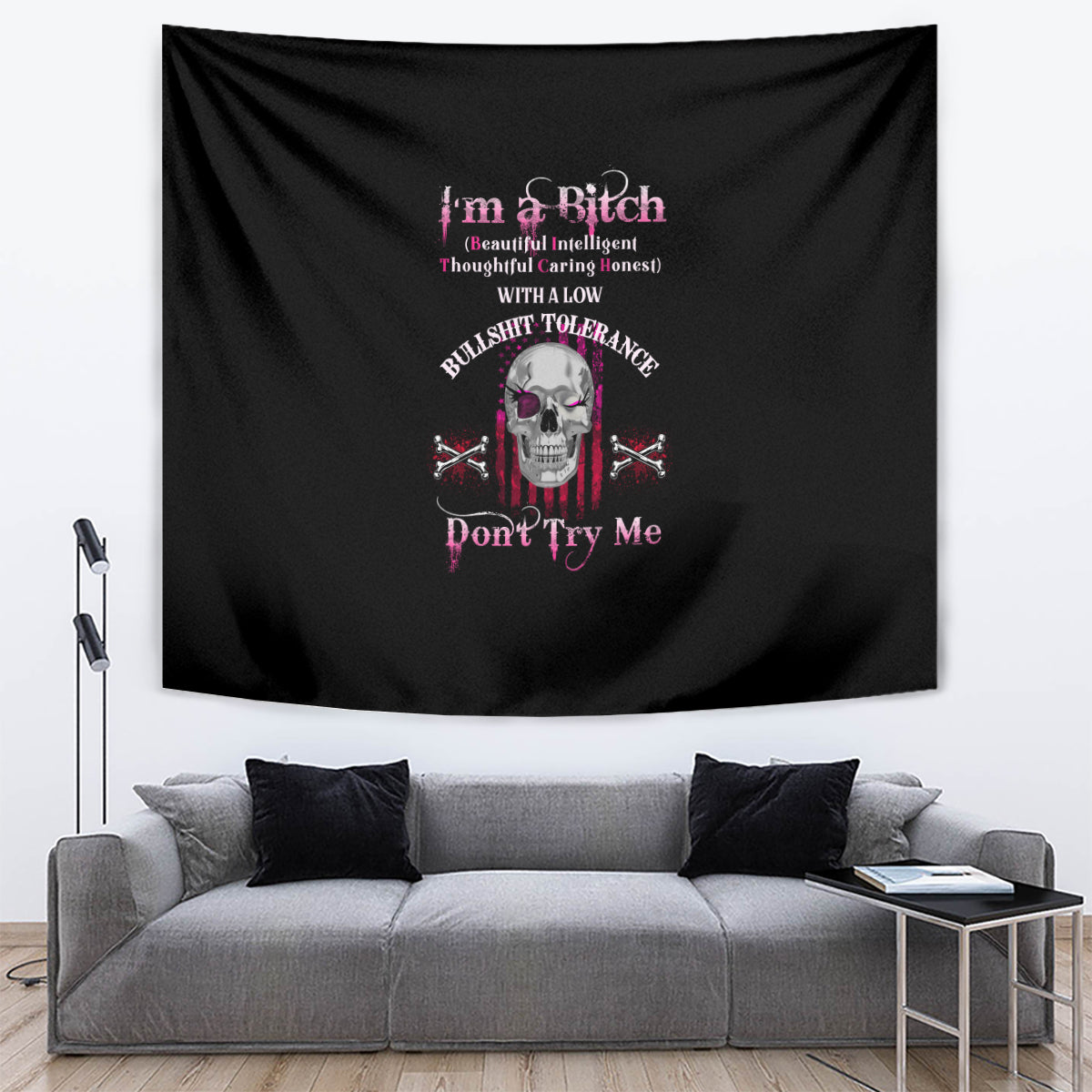 Black tapestry wall hanging with skull, crossed symbols, and 'Don't Try Me' wording