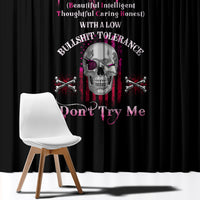Black window curtain panel with skull and crossed bones graphic in pink and gray