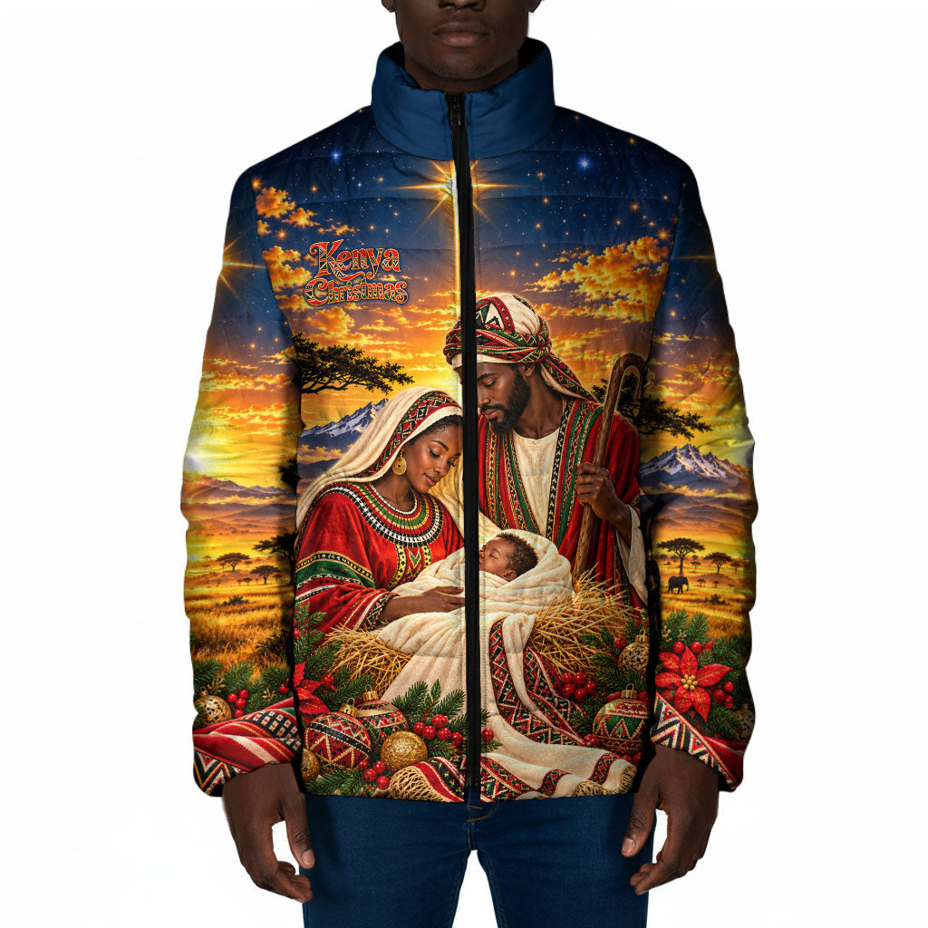 Kenya Christmas African Holy Family Padded Jacket Savanna Sunset Baby Jesus