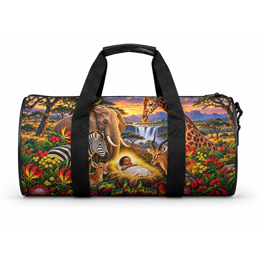 Zimbabwe Christmas Holy Family Duffle Bag African Safari Wildlife Savanna Sunset Baby Jesus