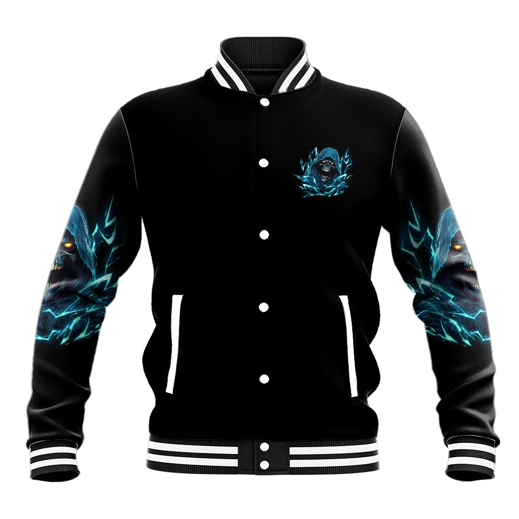 Black varsity baseball jacket with blue skull chest emblem and striped ribbed cuffs