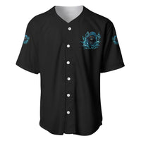 Black baseball jersey with small blue skull emblem and white button front