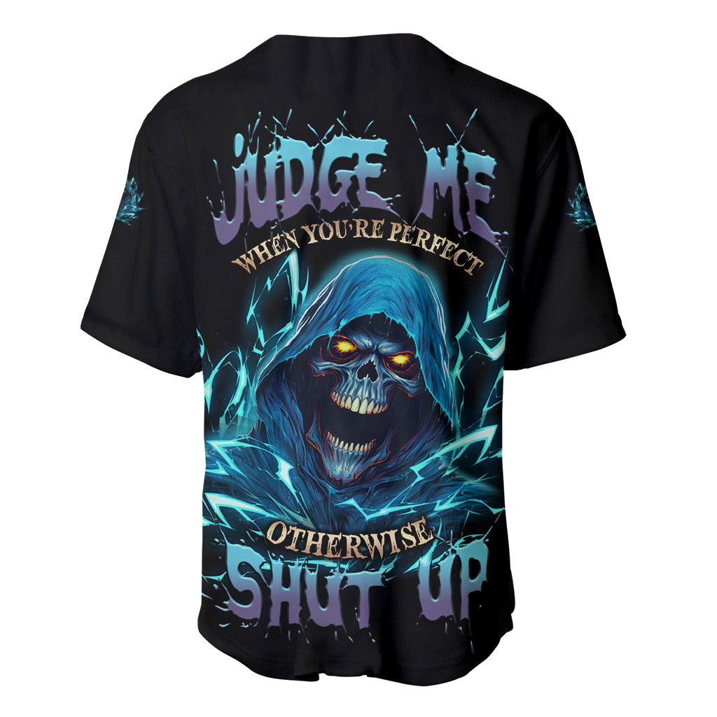 Black baseball jersey with blue reaper skull graphic on the front