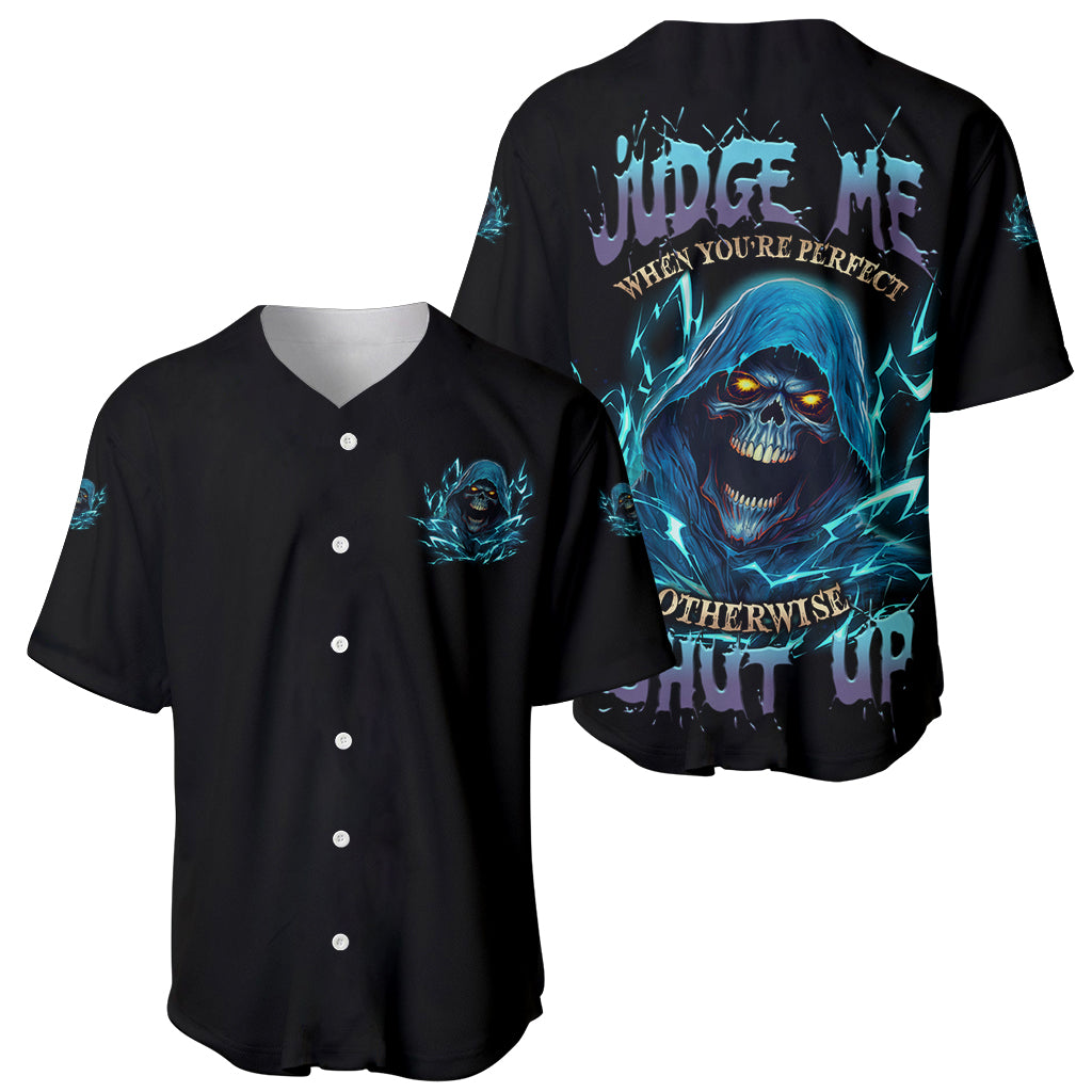 Two black baseball jerseys with blue skull artwork, button-front and large back print