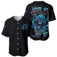 Two black baseball jerseys with blue skull artwork, button-front and large back print