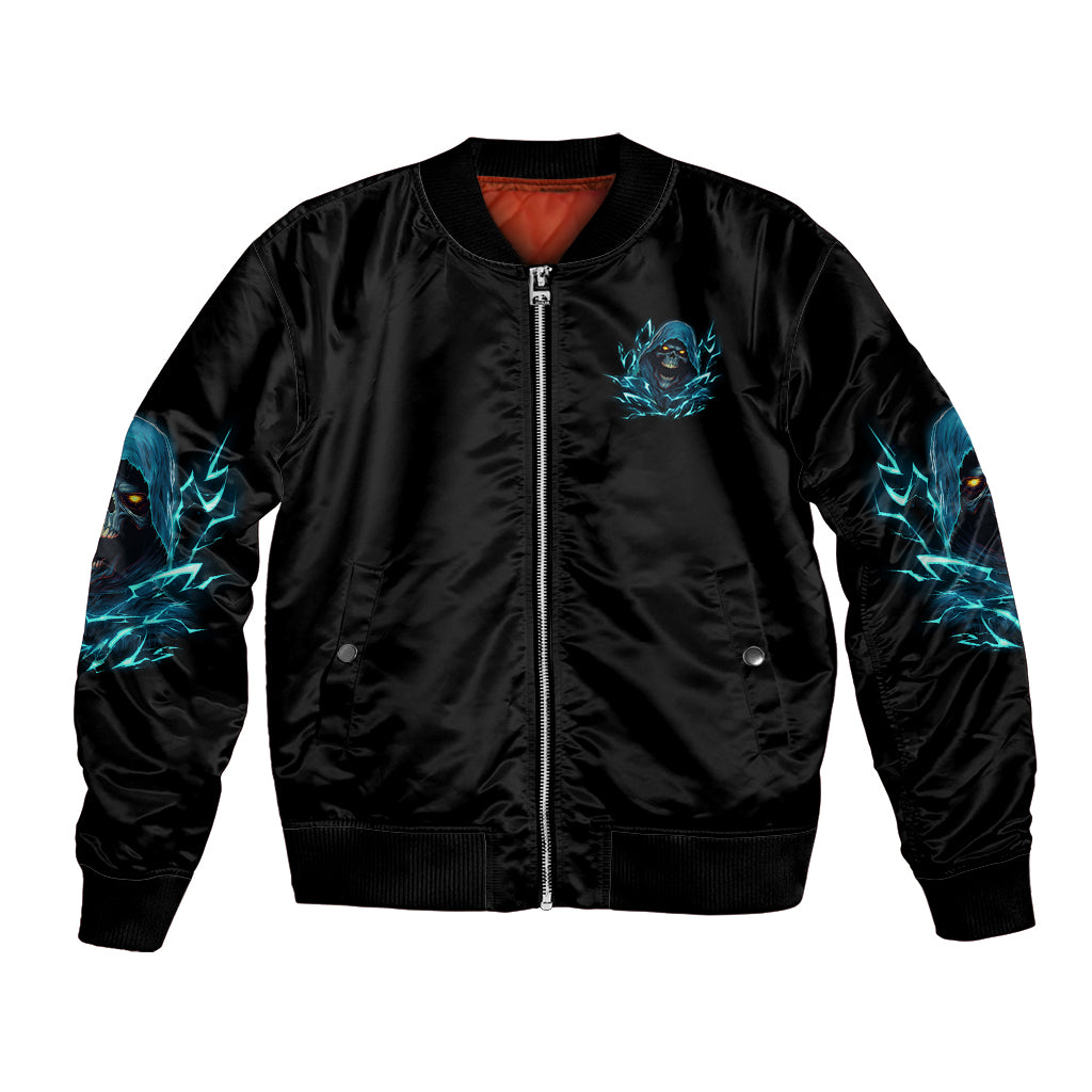 Black bomber jacket with front zip, small blue reaper skull patch and sleeve flame graphics.