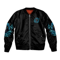 Black bomber jacket with front zip, small blue reaper skull patch and sleeve flame graphics.