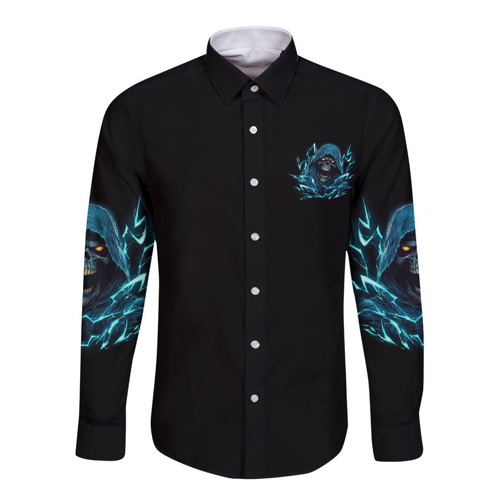 Black long-sleeve button shirt with blue skull reaper chest and sleeve graphics