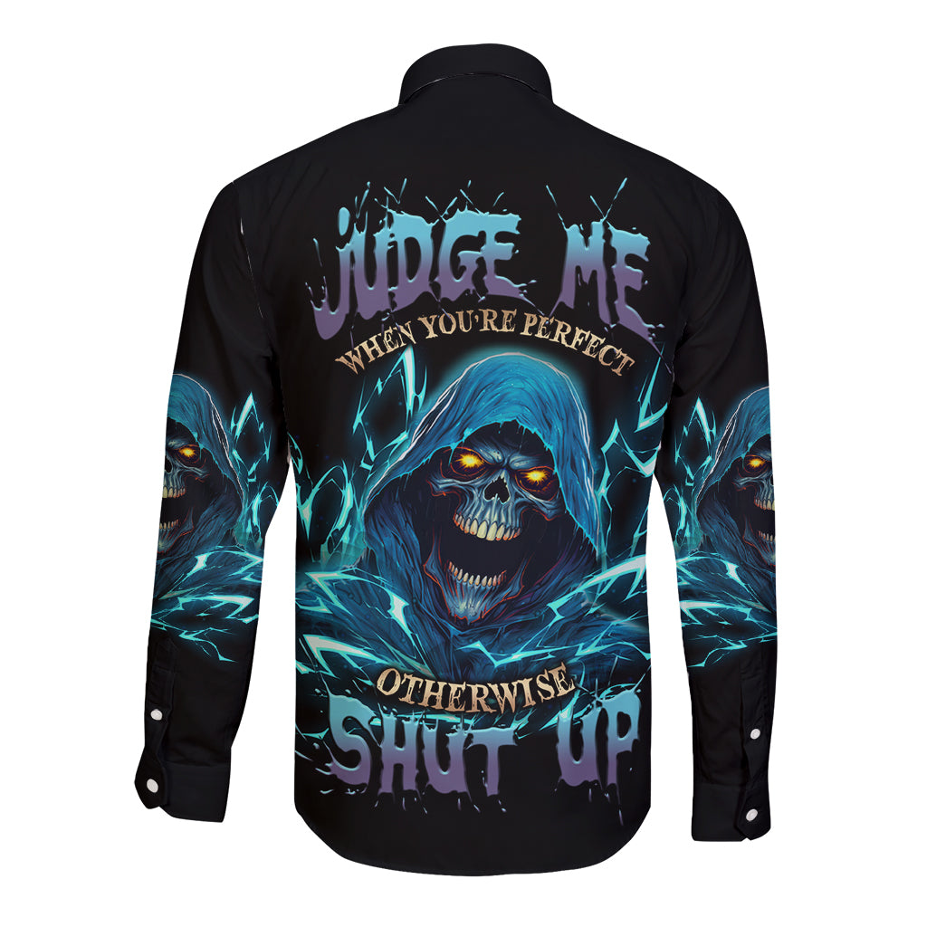 Black long-sleeve button shirt with blue skull reaper back graphic