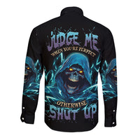 Black long-sleeve button shirt with blue skull reaper back graphic
