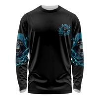 Black long-sleeve shirt with front blue skull emblem and matching blue skull sleeve art