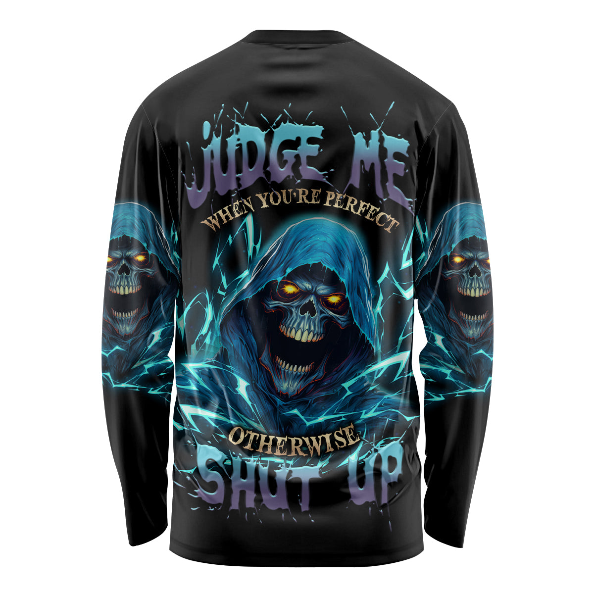 Black long-sleeve shirt with back skull graphic, blue lightning, and bold text print