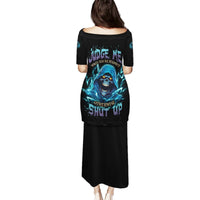 Black long off-shoulder dress with blue skull face and "Judge Me" print