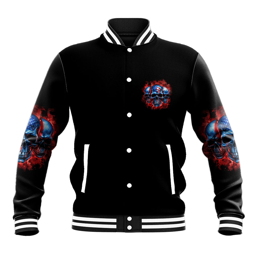 Black varsity baseball jacket with blue skull chest patch and striped cuffs