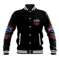 Black varsity baseball jacket with blue skull chest patch and striped cuffs