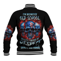 Black baseball jacket with retro skull graphic on back and striped ribbed collar