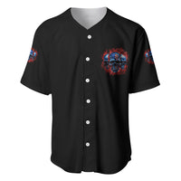 Black button-up baseball jersey with small chest skull emblem and colorful sleeve accents