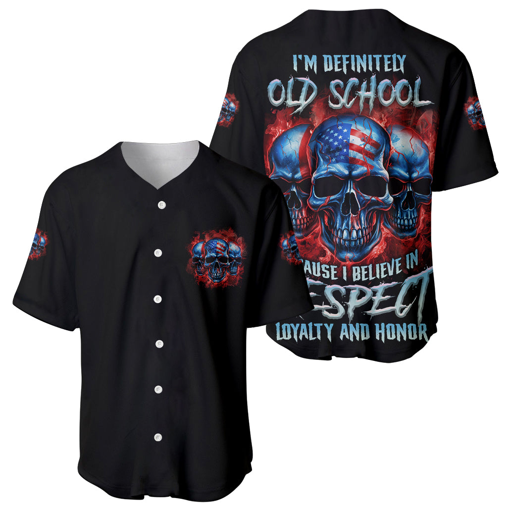 Two black baseball jerseys, one with chest skull emblem, one with full back skull print