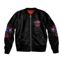 Black bomber jacket with front zip and small multicolor skull graphic on left chest
