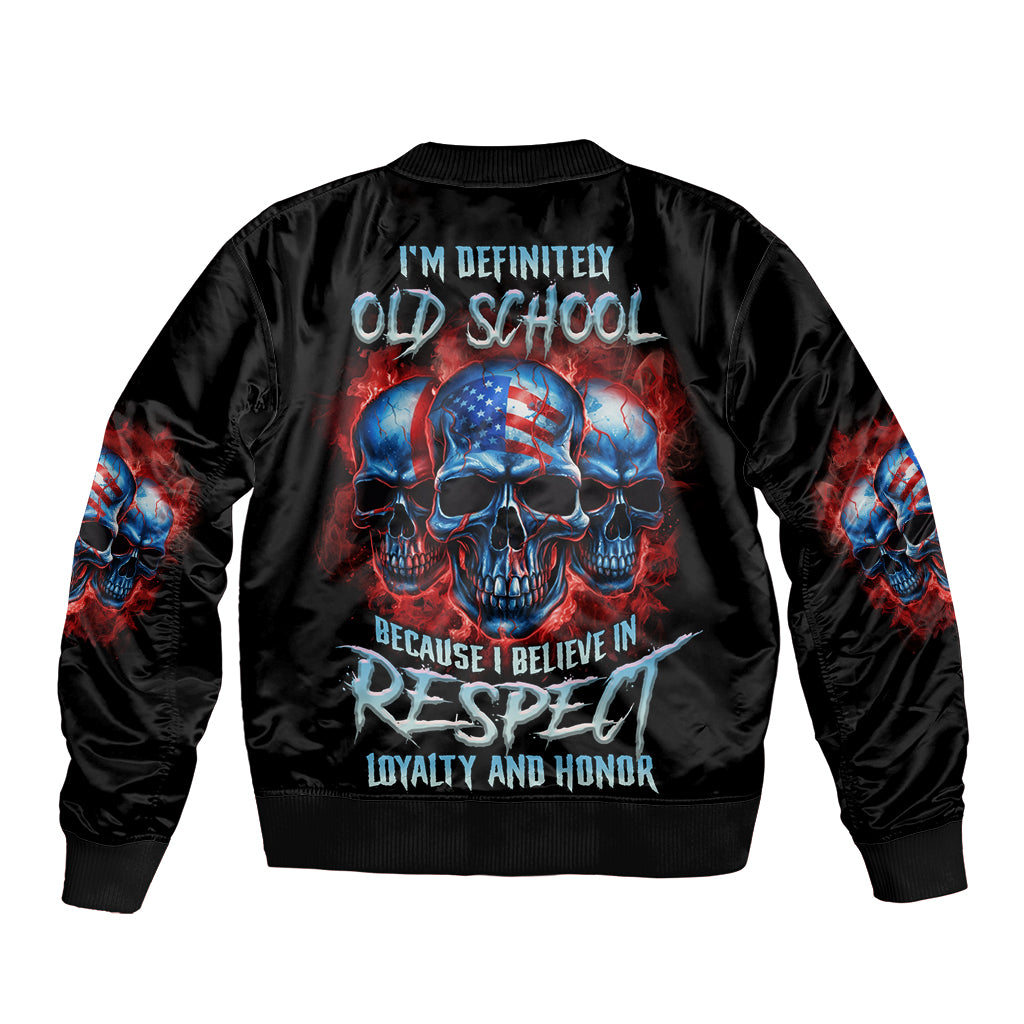 Black bomber jacket with large multicolor skull back graphic and ribbed collar cuffs
