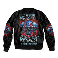 Black bomber jacket with large multicolor skull back graphic and ribbed collar cuffs
