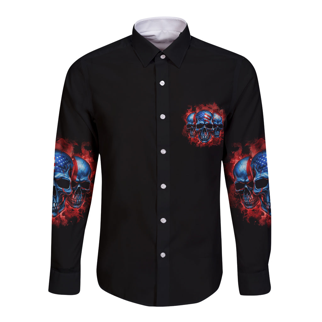 Black long-sleeve button shirt with front skull chest logo and sleeve graphics