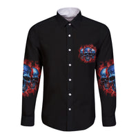 Black long-sleeve button shirt with front skull chest logo and sleeve graphics
