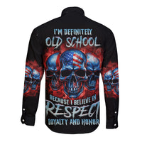 Black long-sleeve button shirt with large skull back graphic and text