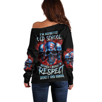 Black off-shoulder sweater with large back skull graphic and red-blue sleeve prints
