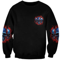 Black sweatshirt with small chest skull graphic and partial skull art on sleeves