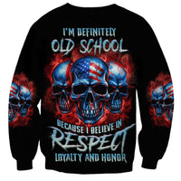 Black sweatshirt with large multicolor skull graphic, long sleeves, crew neckline