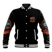 Black baseball jacket with button front, multicolor skull patch, striped ribbed cuffs