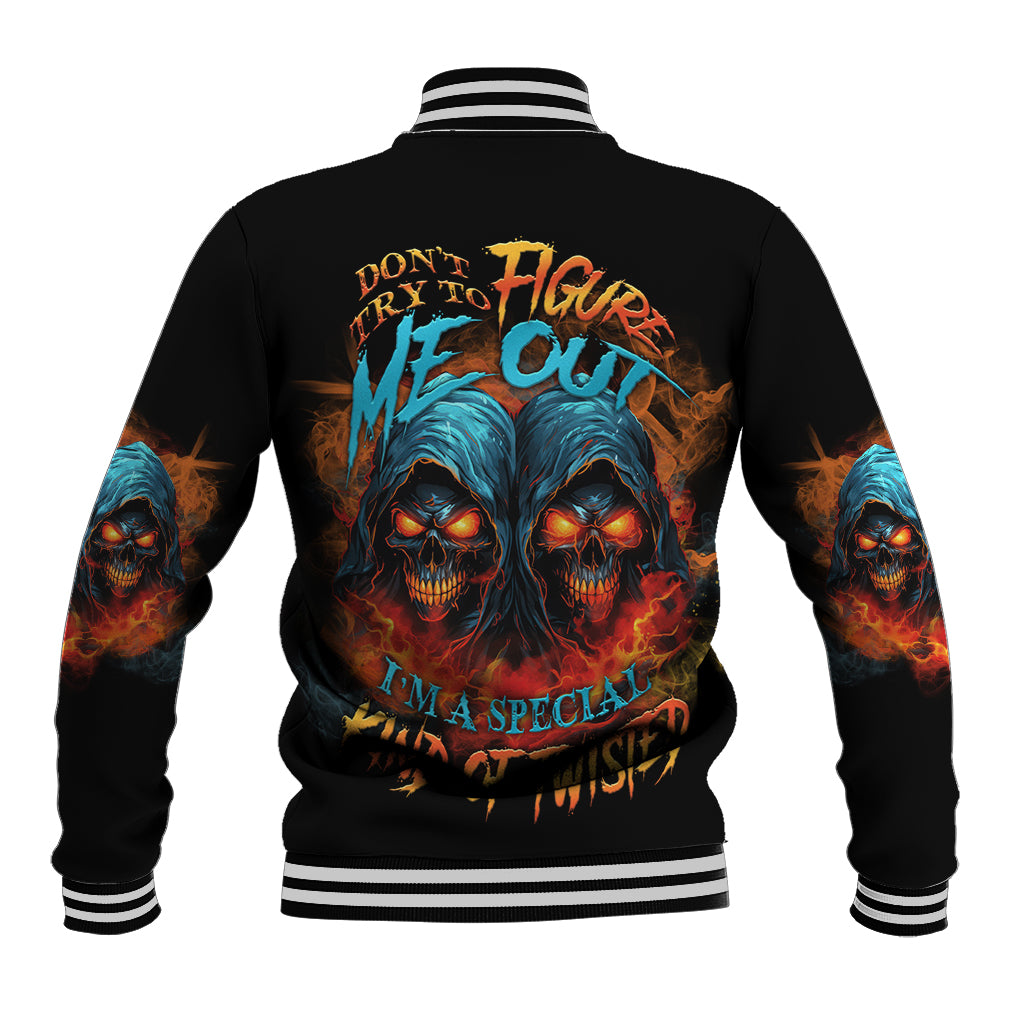 Black baseball jacket with multicolor skull and text graphic, ribbed striped collar