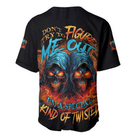 Black baseball jersey with twin skull artwork and fiery orange text on back