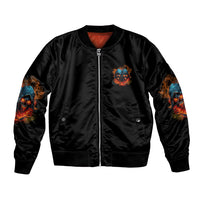 Black satin bomber jacket with front zipper, small skull emblem, and flame sleeve prints