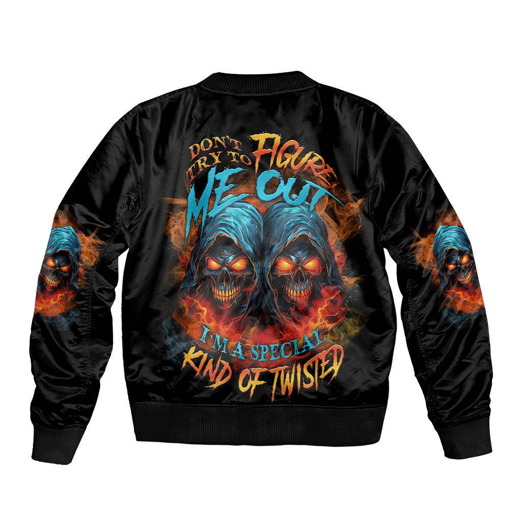Black satin bomber jacket with large colorful skull graphic and ribbed collar cuffs
