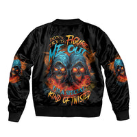 Black satin bomber jacket with large colorful skull graphic and ribbed collar cuffs