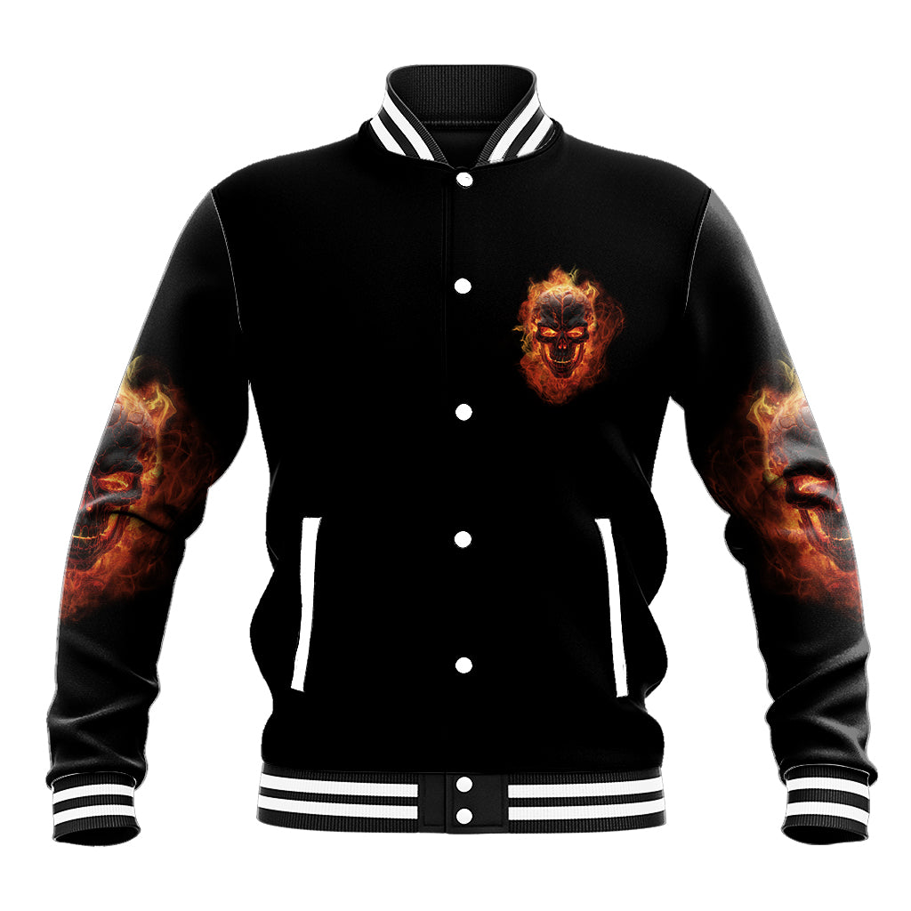 Black unisex baseball jacket with monster face graphic on front, striped ribbed collar
