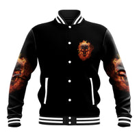 Black unisex baseball jacket with monster face graphic on front, striped ribbed collar