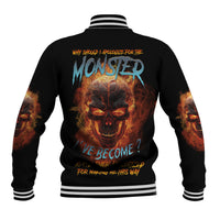 Black unisex baseball jacket with monster graphic on back, striped collar and cuffs