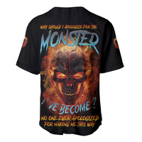 Black monster baseball jersey with fiery skull graphic and colorful back text