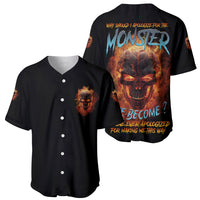 Black monster baseball jersey shown front buttons and back fiery skull slogan