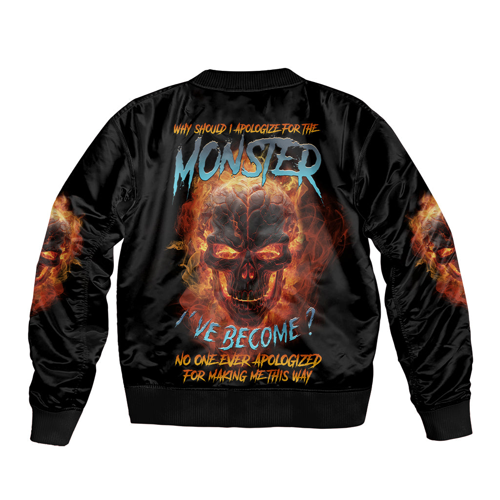 Black satin bomber jacket with large monster skull graphic on back, ribbed cuffs and hem.