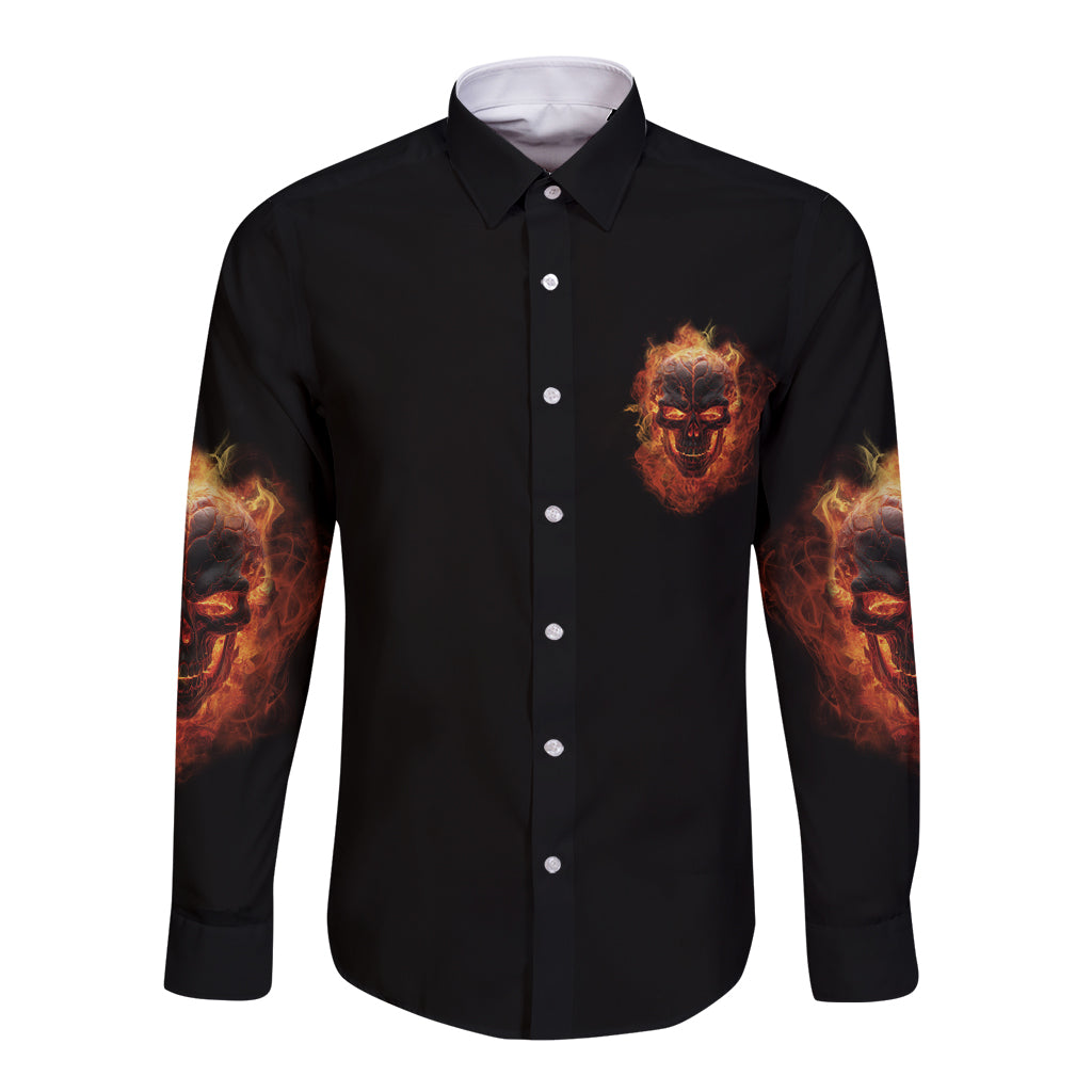 Unisex long-sleeve button shirt, black with chest monster graphic and fiery sleeves